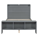 Full Size Platform Bed with built-in shelves, LED Light and USB ports, Gray
