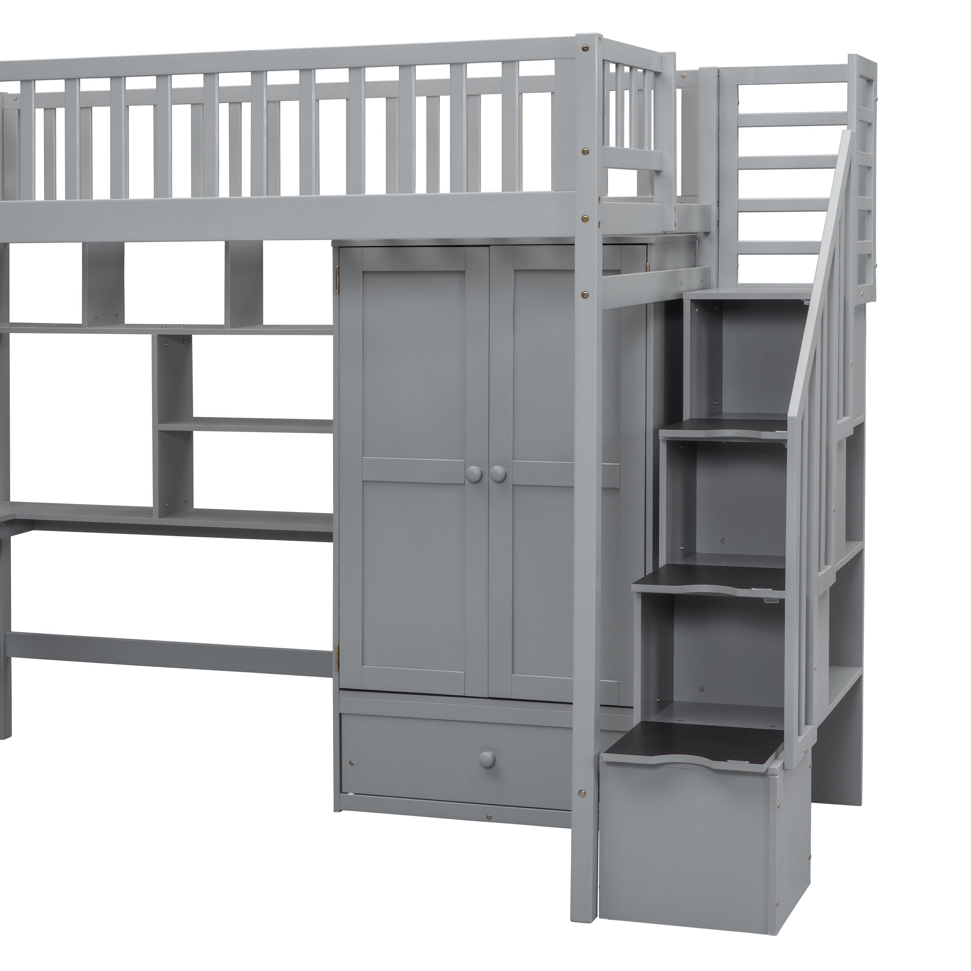 Twin size Loft Bed with Bookshelf,Drawers,Desk,and Wardrobe-Gray - Atlantic Fine Furniture Melbourne FL
