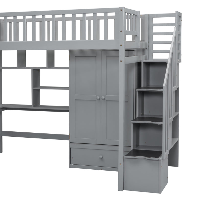 Twin size Loft Bed with Bookshelf,Drawers,Desk,and Wardrobe-Gray