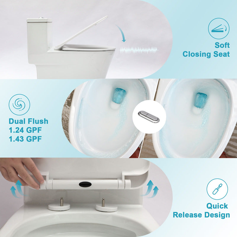 1 Piece Toilet For Bathroom, Dual Flush 1.24 / 1.43 Gpf, Soft Closing Seat - White