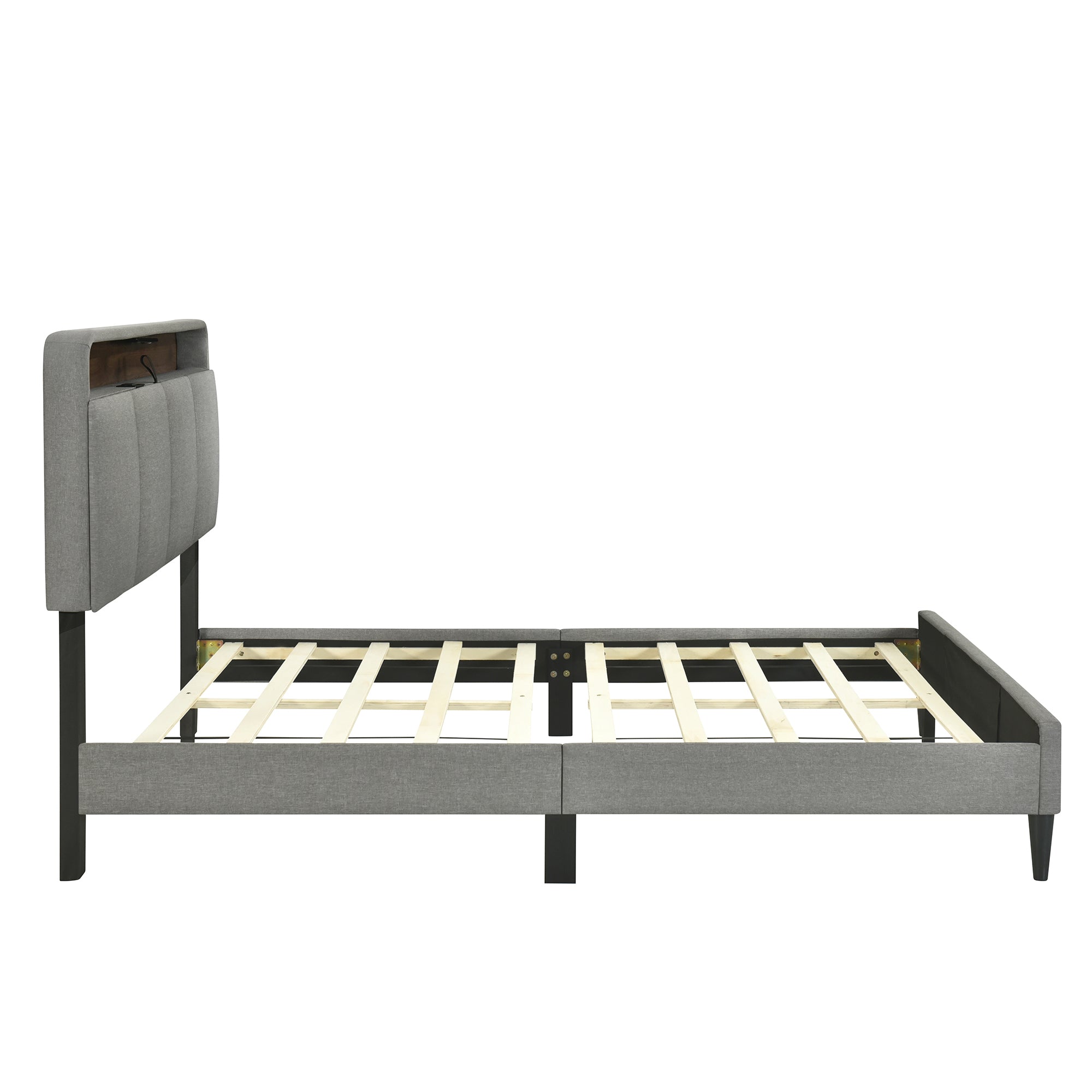 Queen size Upholstered Platform Bed with Storage Headboard, Sensor Light and a set of Sockets and USB Ports, Linen Fabric, Gray - Atlantic Fine Furniture Melbourne FL