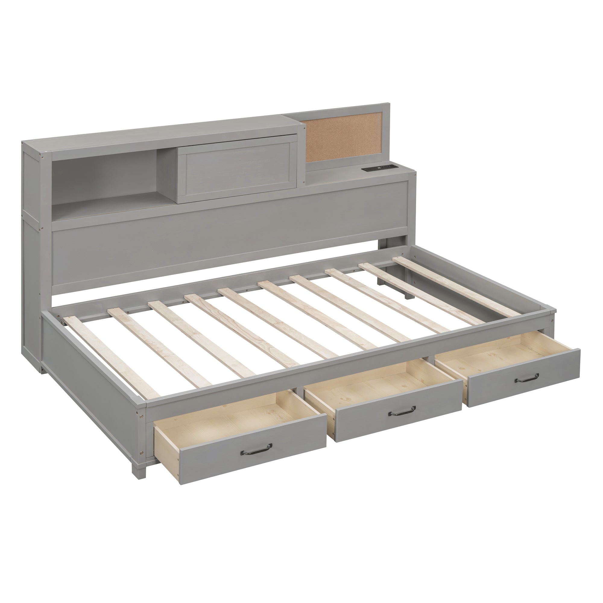 Twin Size Wooden Daybed with 3 Storage Drawers, Upper Soft Board, shelf, and a set of Sockets and USB Ports, Gray - Atlantic Fine Furniture Melbourne FL