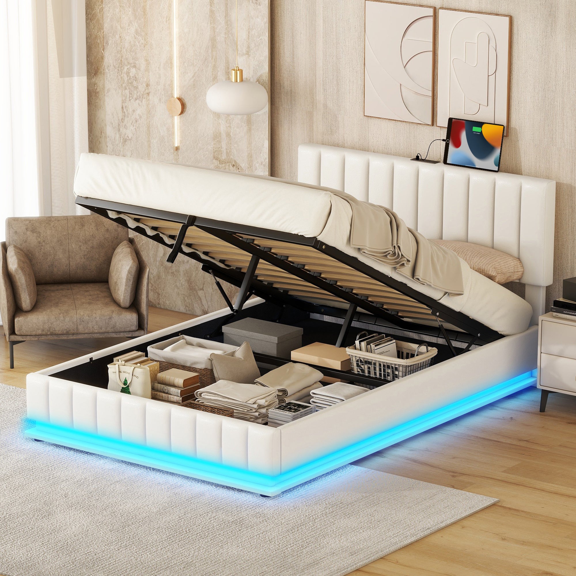 Full Size Upholstered Bed with Hydraulic Storage System and LED Light, Modern Platform Bed with Sockets and USB Ports, White - Atlantic Fine Furniture Melbourne FL