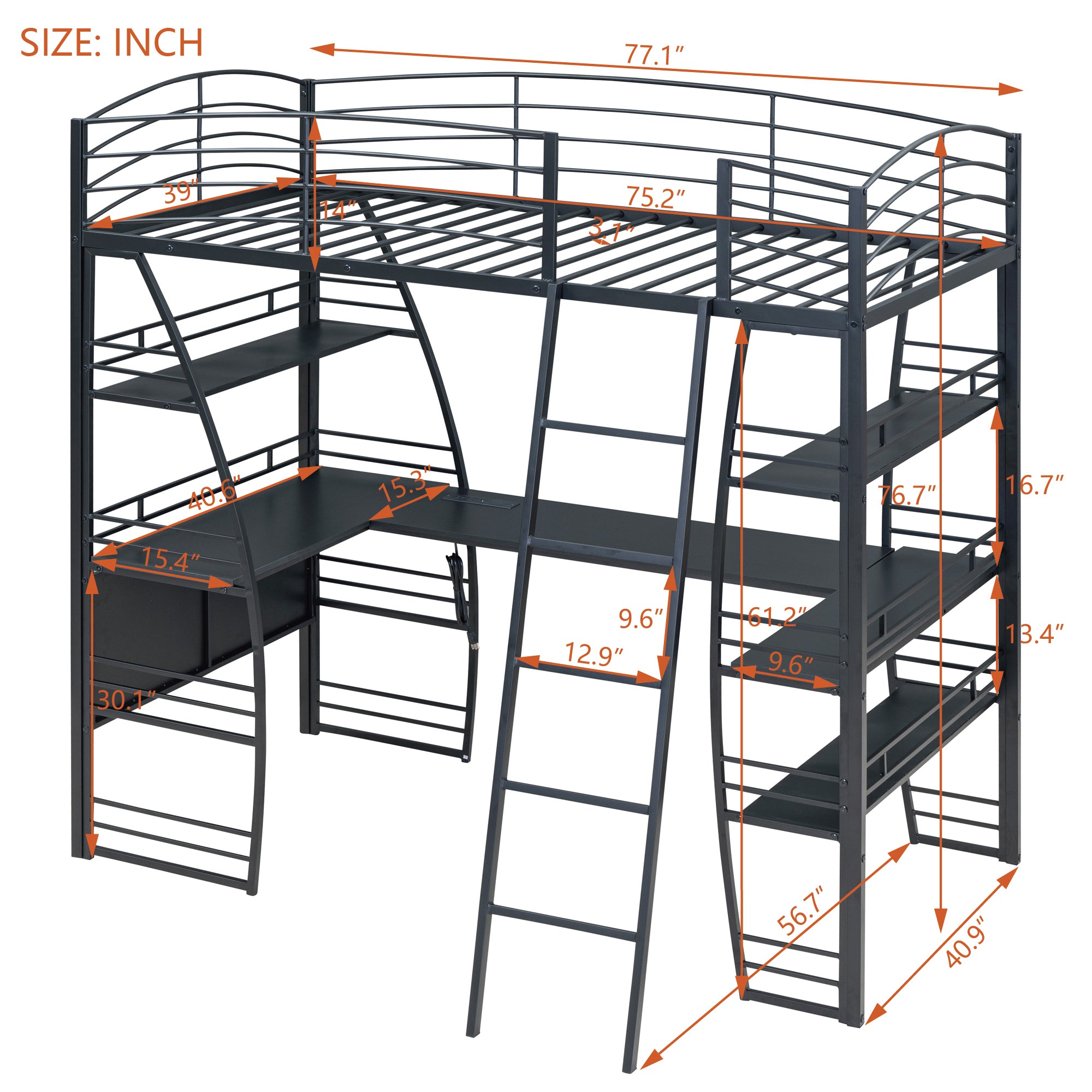 Twin Size Loft Bed with 4 Layers of Shelves and L-shaped Desk, Stylish Metal Frame Bed with a set of Sockets, USB Ports and Wireless Charging, Black - Atlantic Fine Furniture Melbourne FL