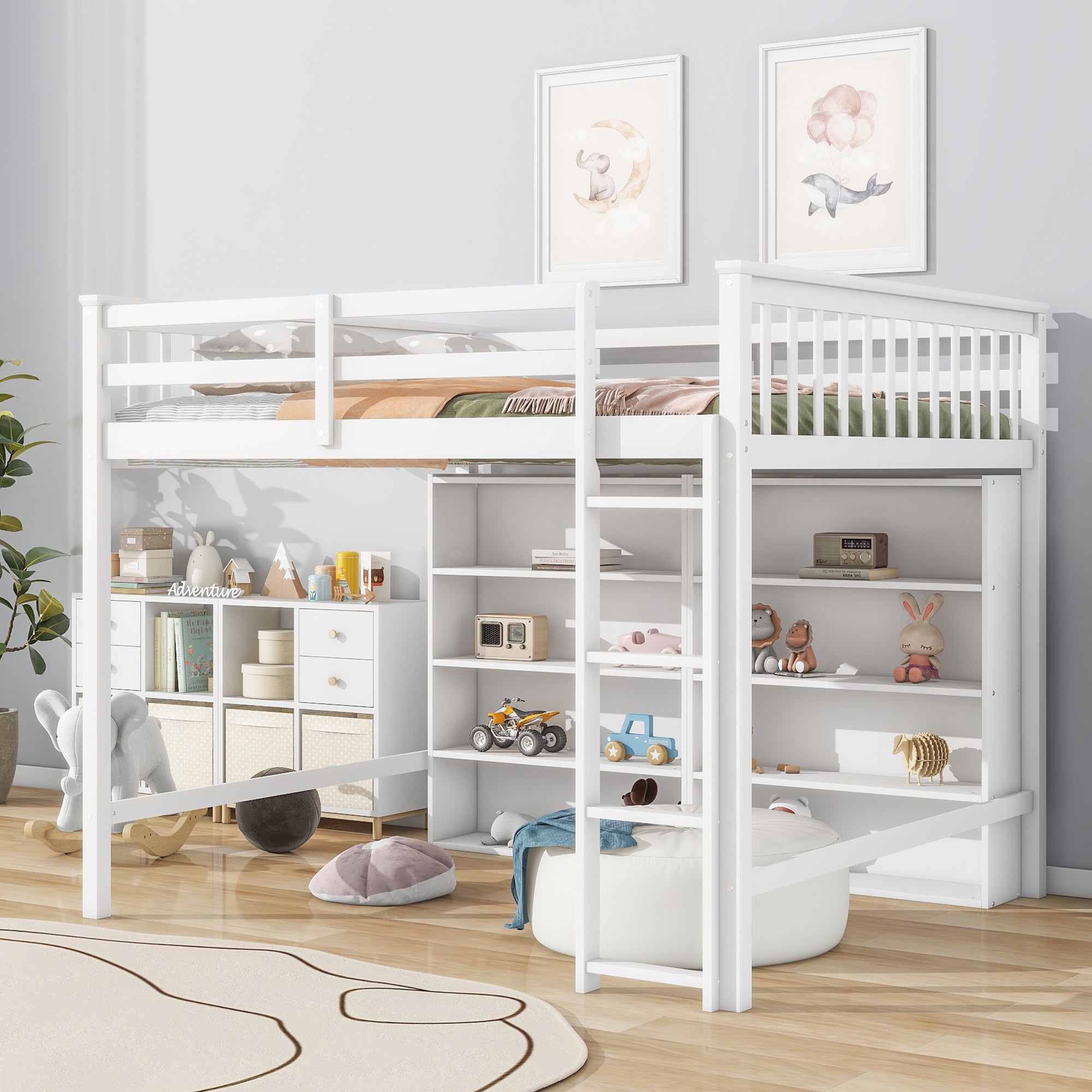 Full Size Loft Bed with 8 Open Storage Shelves and Built-in Ladder, White - Atlantic Fine Furniture Melbourne FL