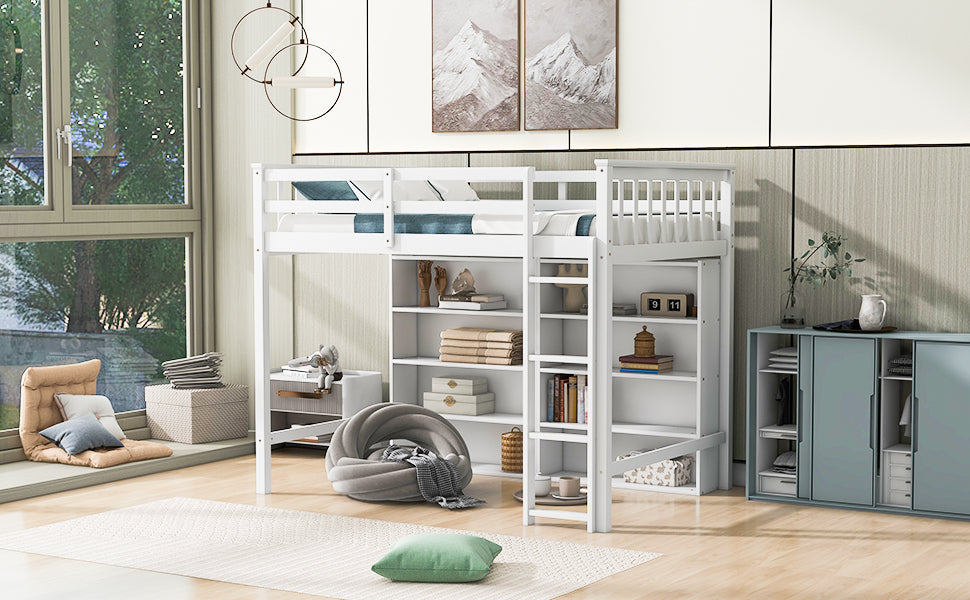 Twin Size Loft Bed with 8 Open Storage Shelves and Built-in Ladder, White - Atlantic Fine Furniture Melbourne FL