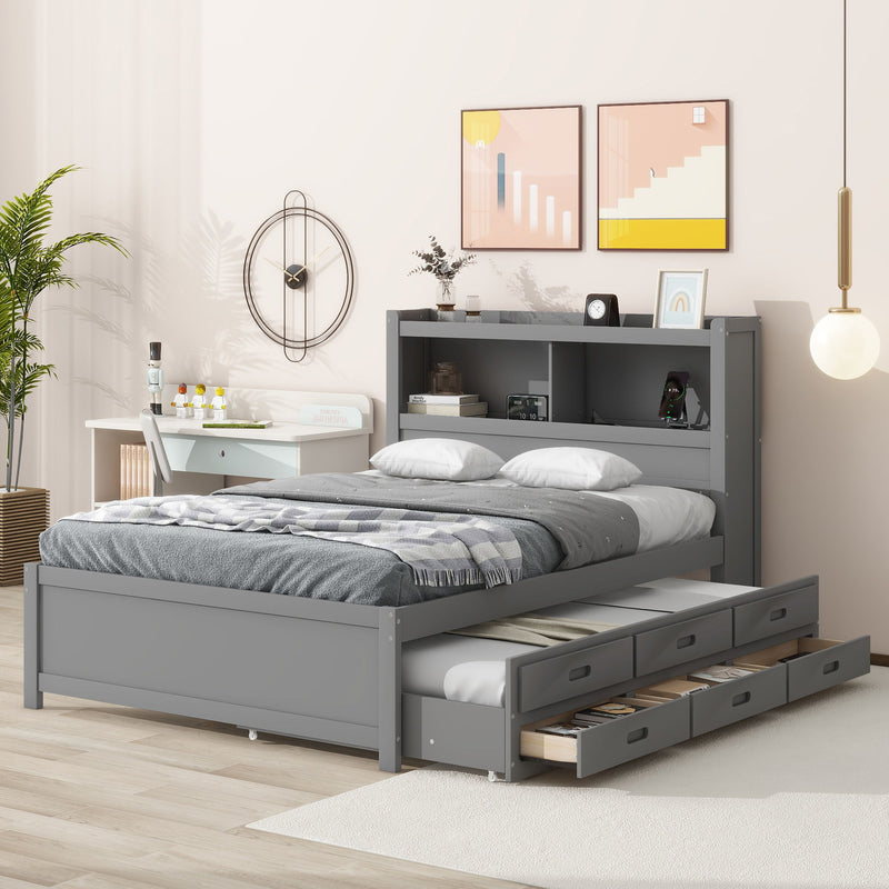 Full Size Platform Bed With Trundle, Drawers, USB Ports And Built In Shelves - Gray