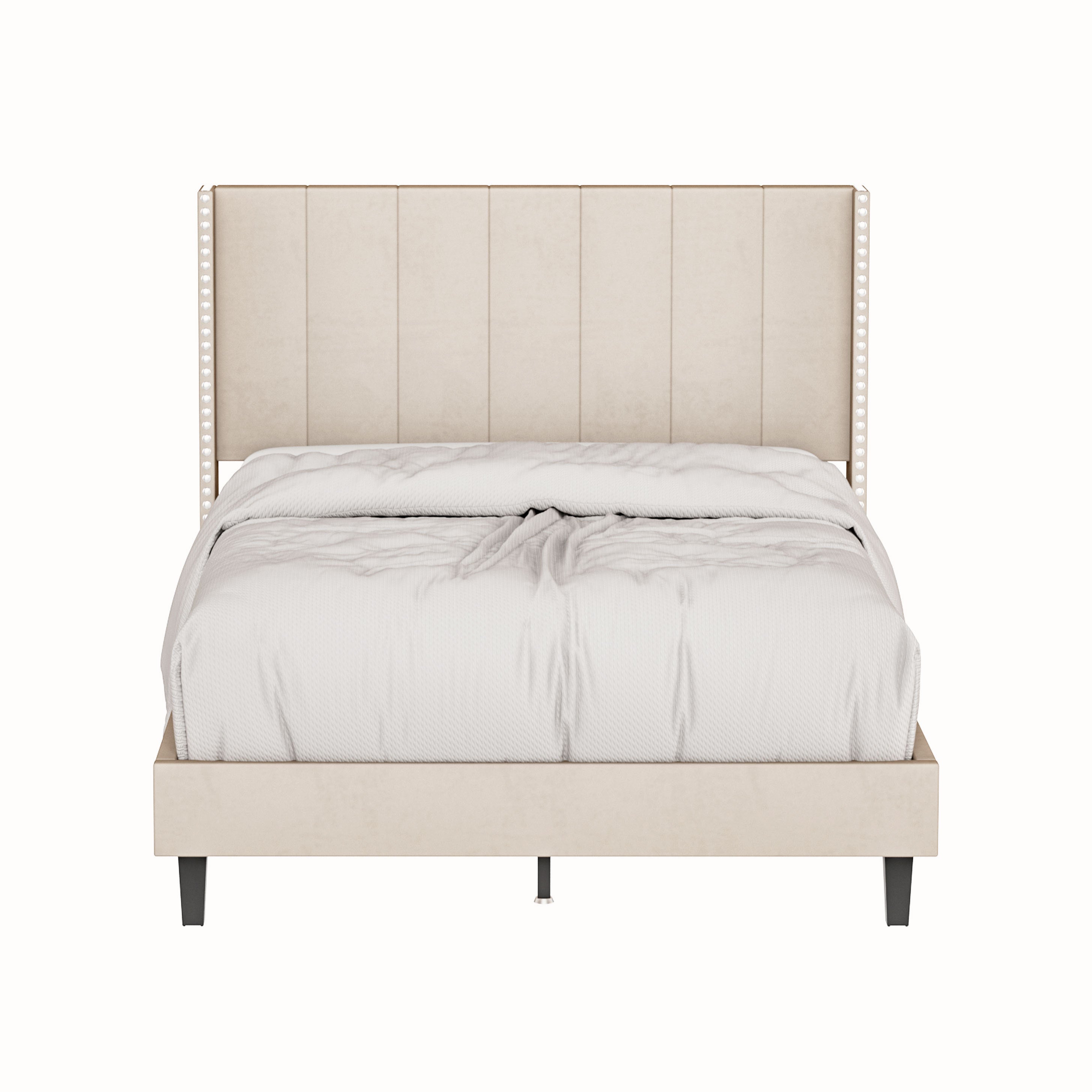 Velvet Upholstered Bed Frame with Vertical Channel Tufted Headboard,Modern Decorative Nailheads, Full size Bed Frame Beige - Atlantic Fine Furniture Melbourne FL