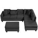 Modern Sectional Sofa With Storage Ottoman, L - Shape Couch With 2 Pillows And Cup Holders