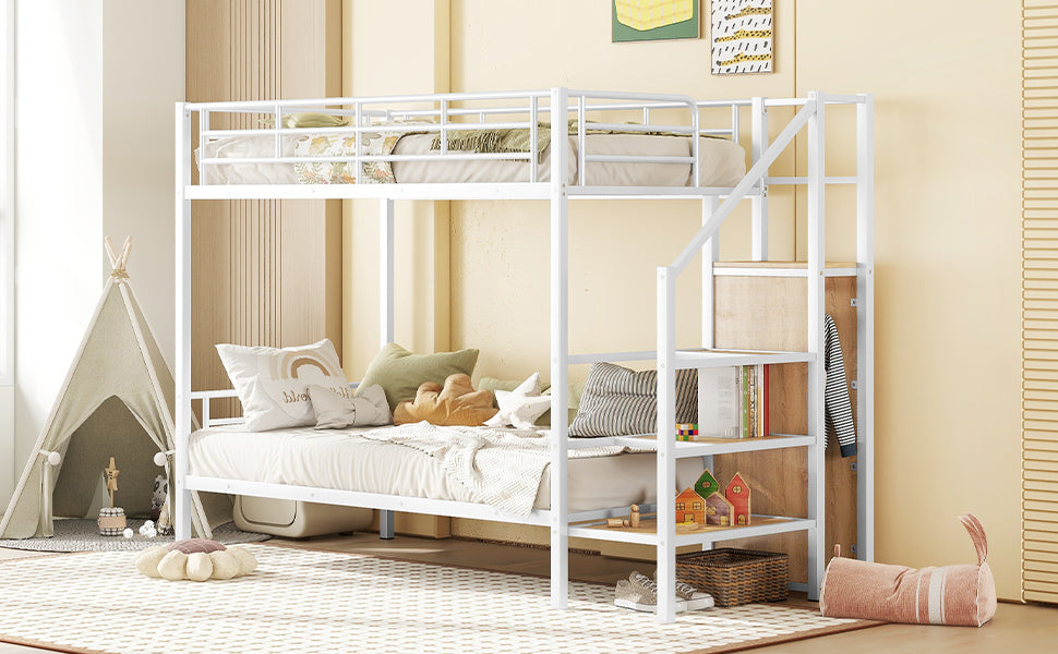 Twin Over Twin Metal Bunk Bed with Lateral Storage Ladder and Wardrobe, White - Atlantic Fine Furniture Melbourne FL