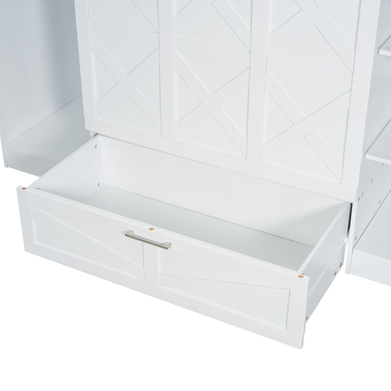 Twin Size Murphy Bed With Bedside Shelves And Wardrobe - White