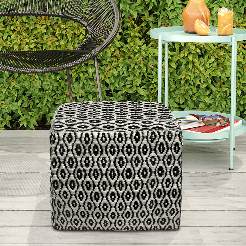 Kiana - Square Woven Outdoor / Indoor Pouf - Black / White