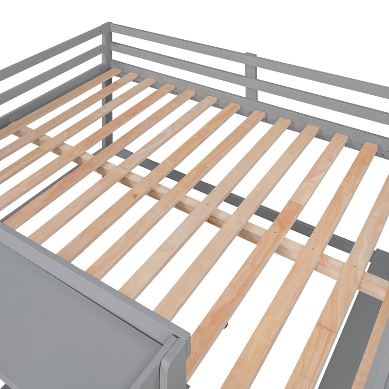 Full Size Low Loft Bed with Rolling Portable Desk, Drawers and Shelves, Gray(Old SKU: GX000711AAE)