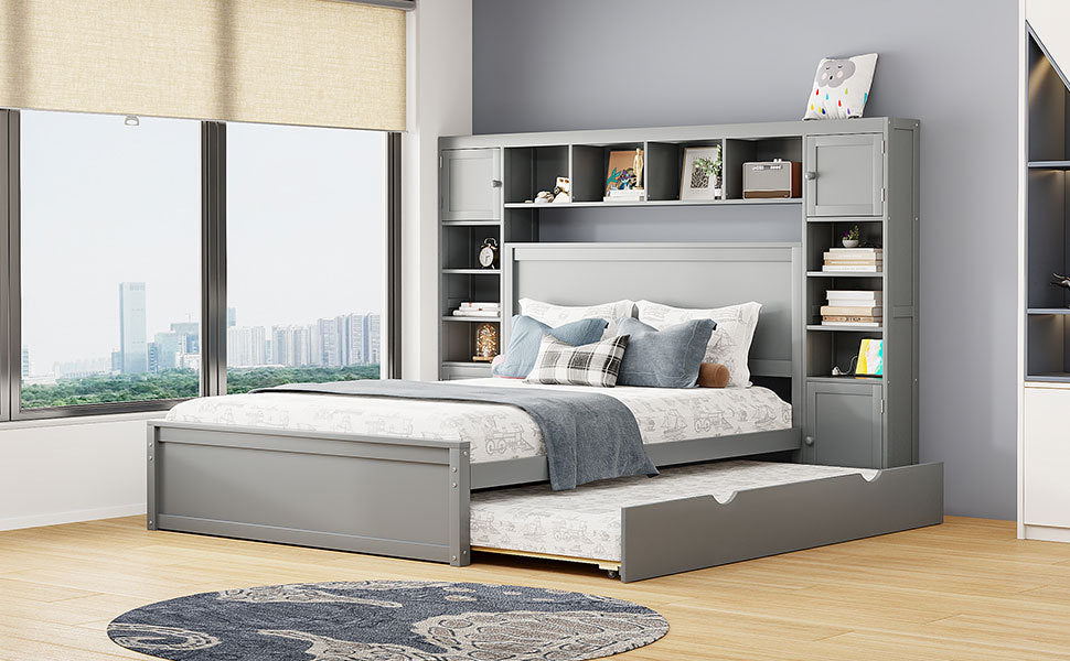 Queen Size Wooden Bed With All-in-One Cabinet, Shelf and Sockets, Gray - Atlantic Fine Furniture Melbourne FL