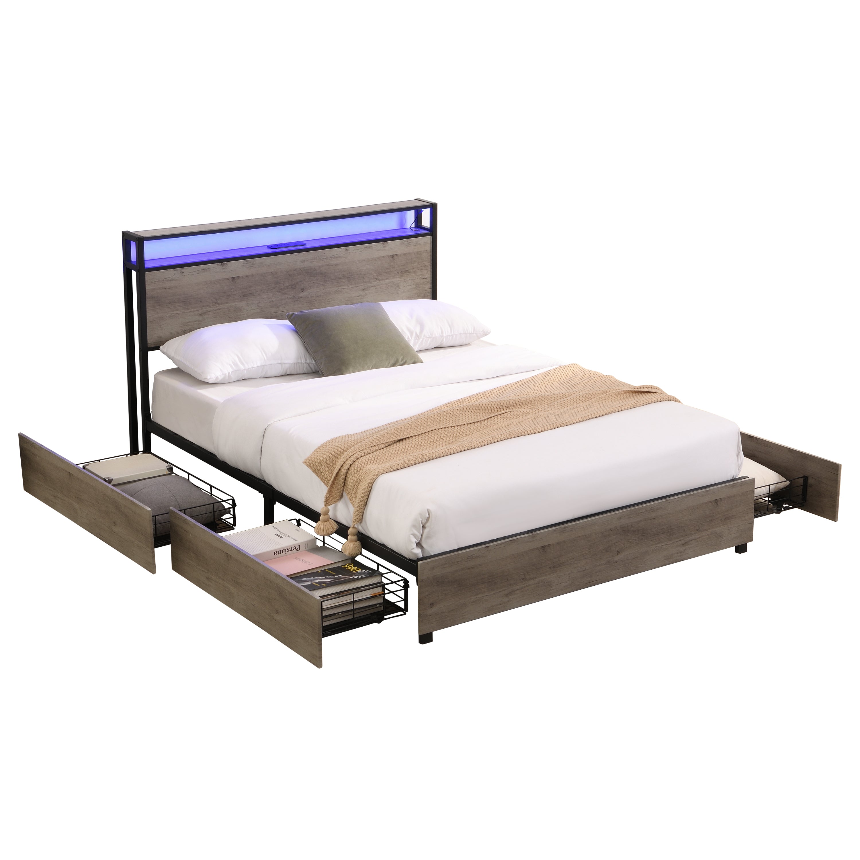 Full Bed Frame, Storage Headboard with Charging Station, Solid and Stable, Noise Free, No Box Spring Needed, Easy Assembly