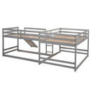 Full and Twin Size L-Shaped Bunk Bed with Slide and Short Ladder,Gray