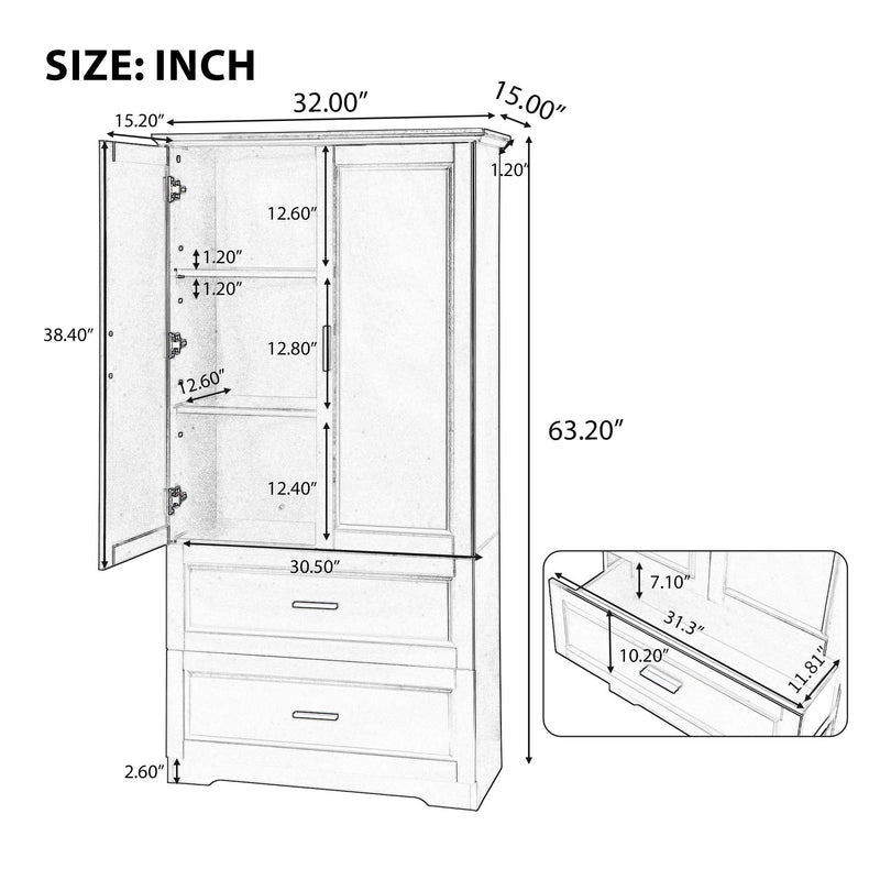 Tall Bathroom Storage Cabinet, Cabinet With 2 Doors And Drawers, Adjustable Shelf