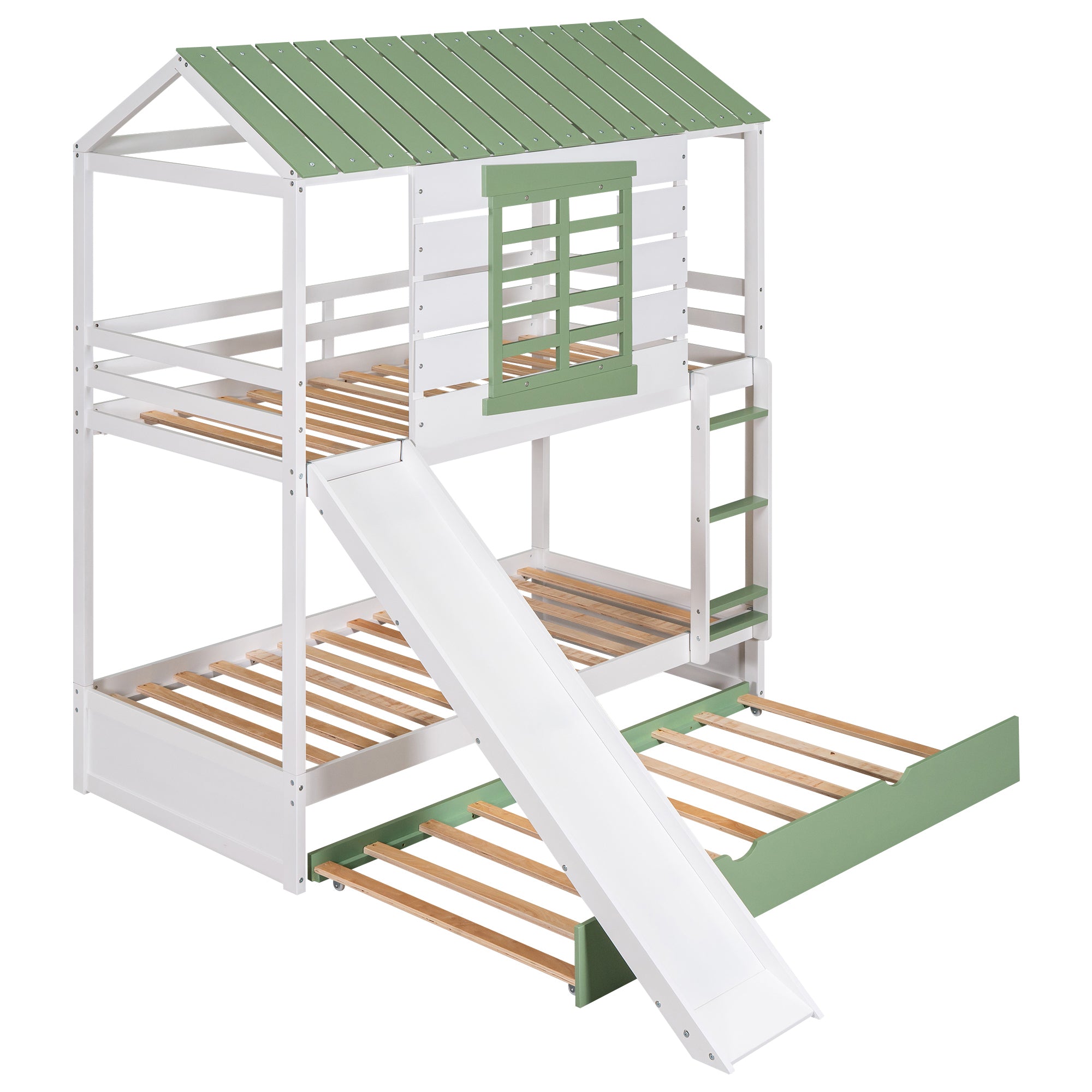 Twin over Twin Size House Bunk Bed with Convertible Slide and Trundle, White+Green - Atlantic Fine Furniture Melbourne FL