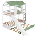 Twin over Twin Size House Bunk Bed with Convertible Slide and Trundle, White+Green