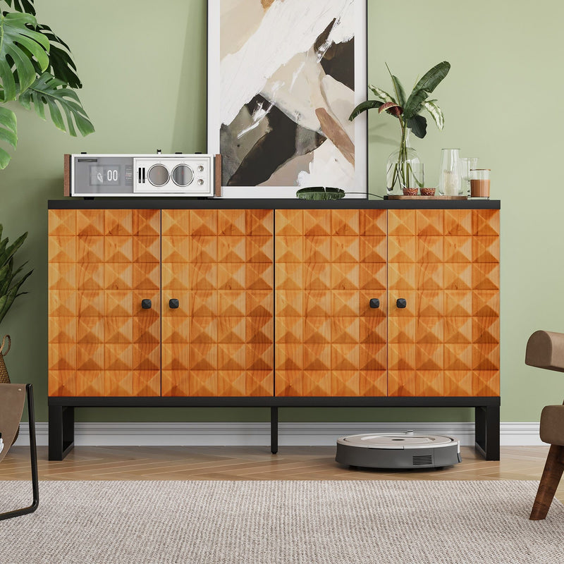 Modern Buffet Cabinet With Storage Space, Retro Style 4 Door Wooden Storage Cabinet, Multifunctional Decorative Cabinet With Geometric Patterns, Suitable For Living Room, Dining Room, Entrance - Orange / Yellow