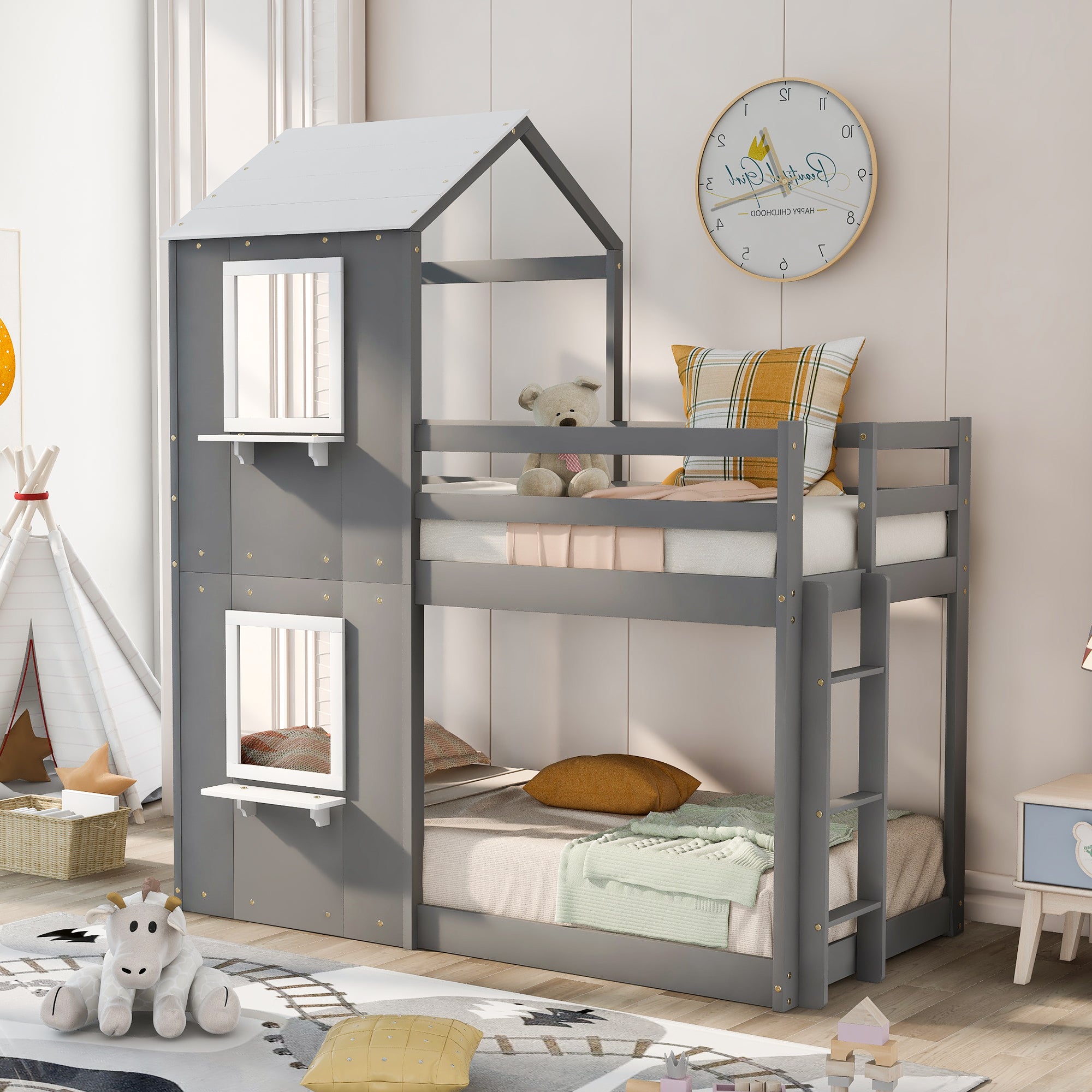 Twin Over Twin Bunk Bed Wood Bed with Roof, Window, Guardrail, Ladder (White) - Atlantic Fine Furniture Melbourne FL