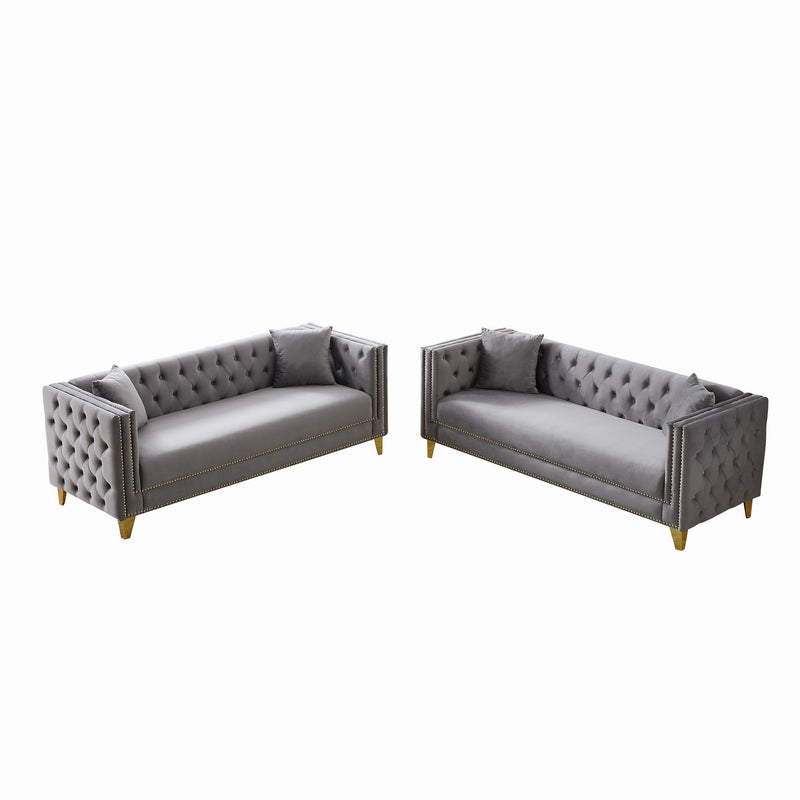 3 And 3 Seater Deep Seat Sofa With Button Nailhead And Square Arm Design - Gray