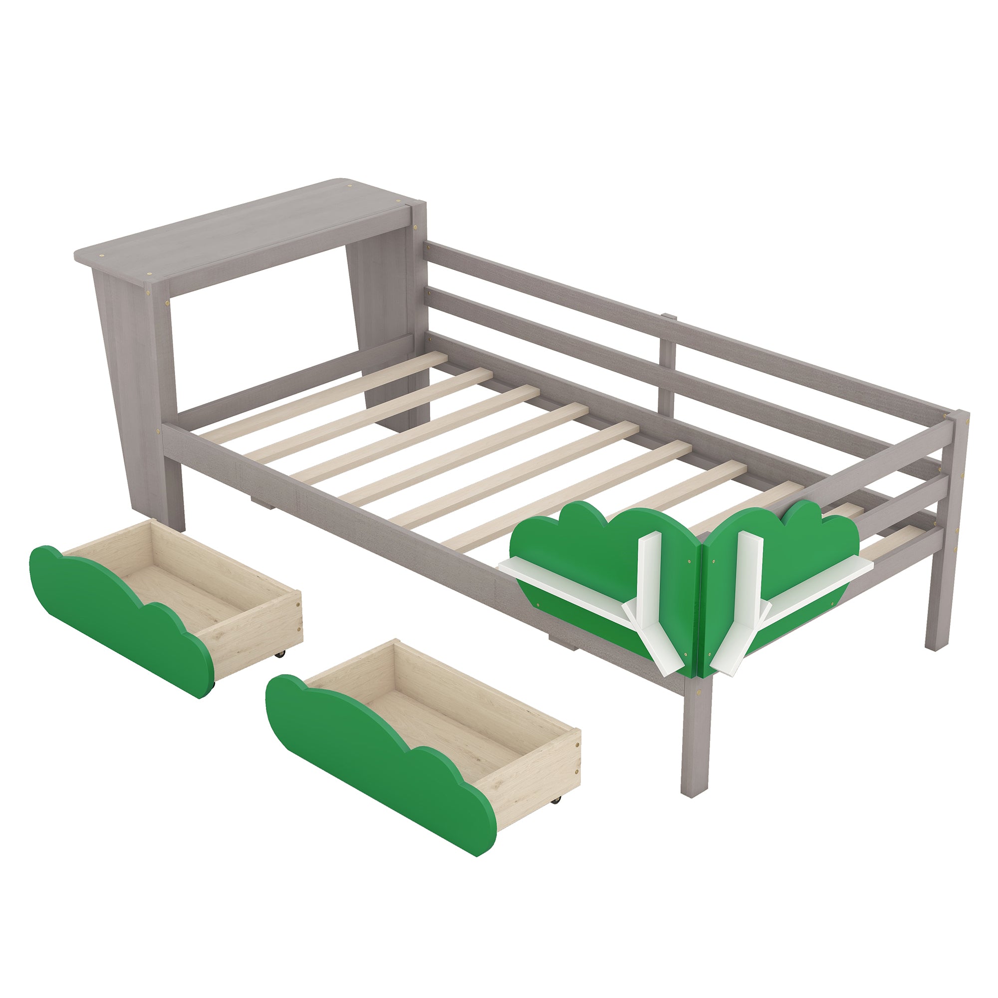 Twin Size Daybed with Desk, Green Leaf Shape Drawers and Shelves, Gray - Atlantic Fine Furniture Melbourne FL