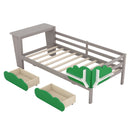 Twin Size Daybed with Desk, Green Leaf Shape Drawers and Shelves, Gray