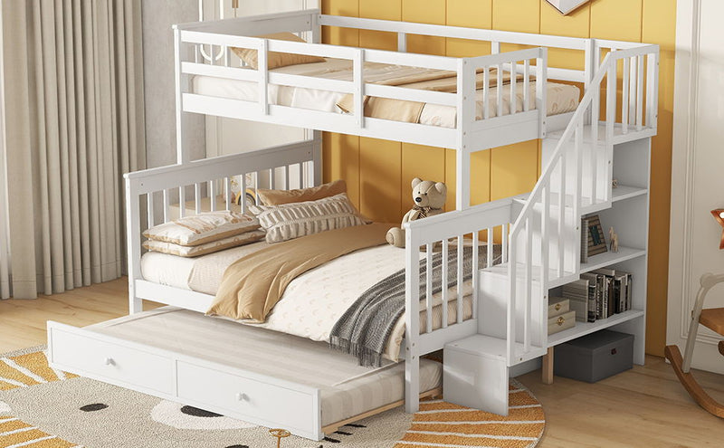 Stairway Bunk Bed With Twin Size Trundle, Storage And Guard Rail For Bedroom, Dorm