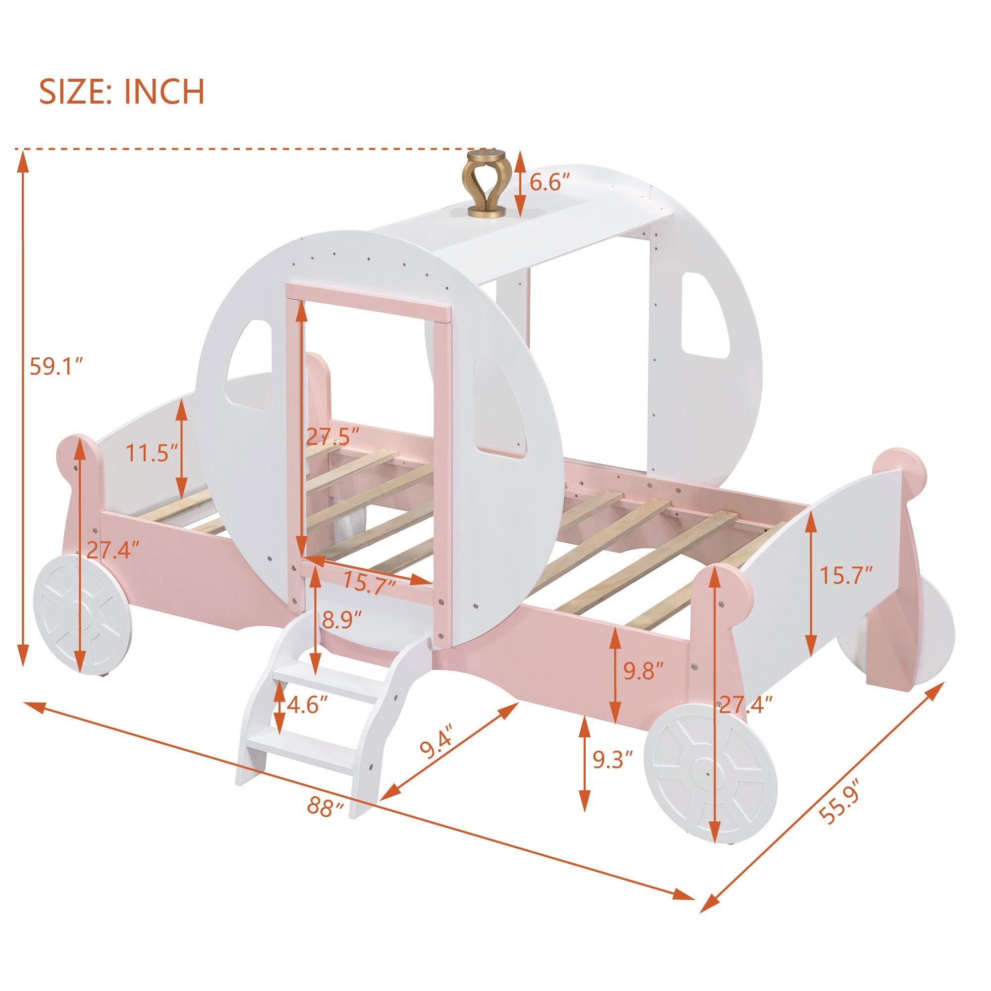 Twin size Princess Carriage Bed with Crown ,Wood Platform Car Bed with Stair,White+Pink - Atlantic Fine Furniture Melbourne FL