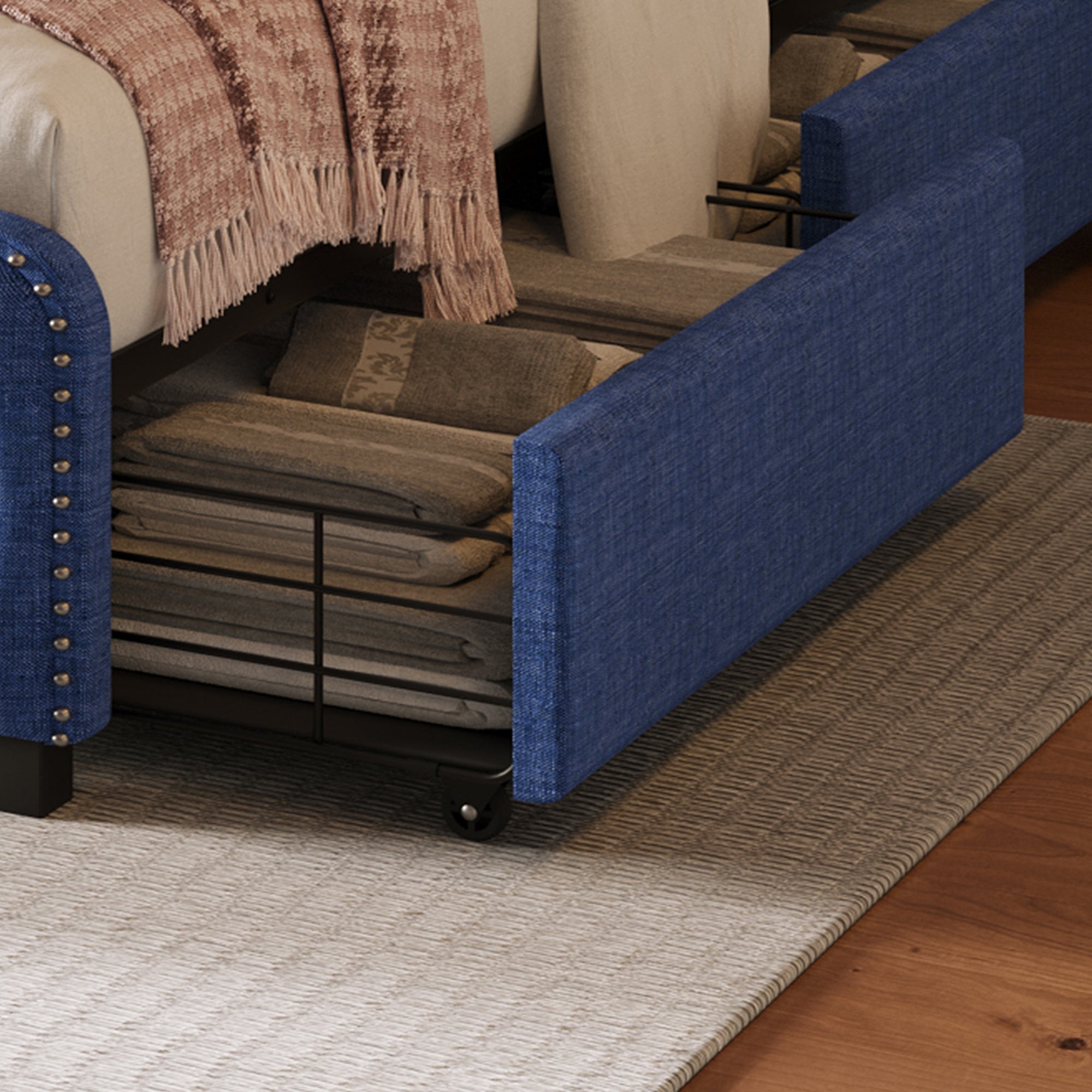 Upholstered Platform Bed Frame with Four Drawers, Button Tufted Headboard and Footboard Sturdy Metal Support, No Box Spring Required, Blue, King (Old sku: BS300277AAC) - Atlantic Fine Furniture Melbourne FL