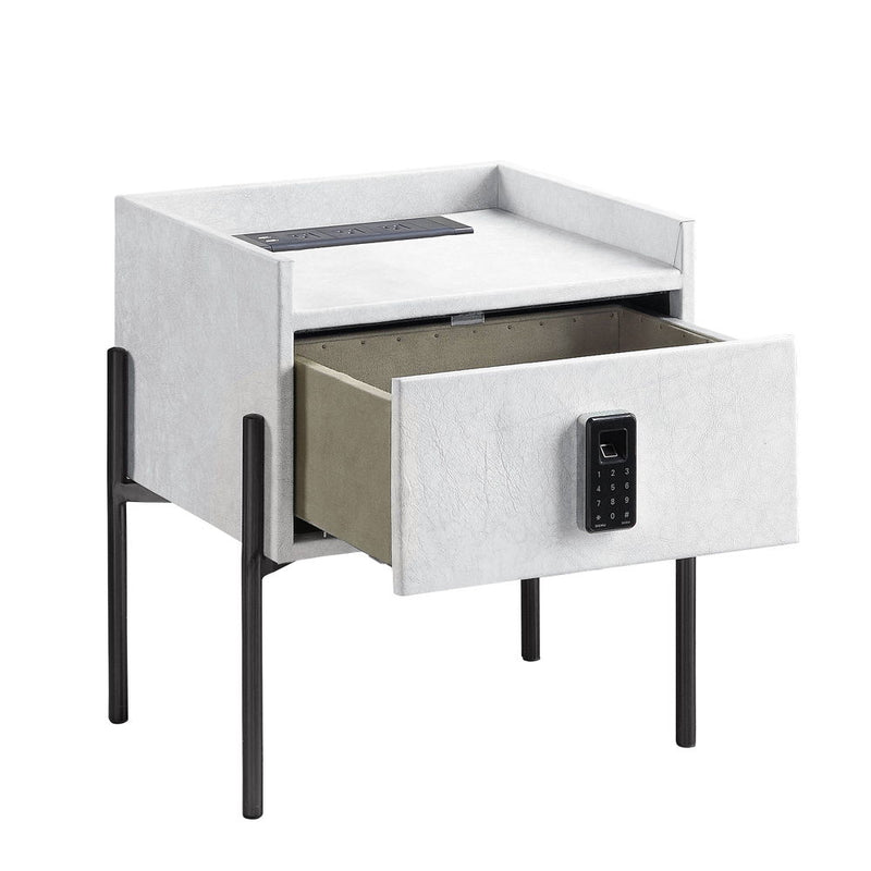 Metis - Nightstand With USB & Electric Lock - Vintage White Top Grain Leather
