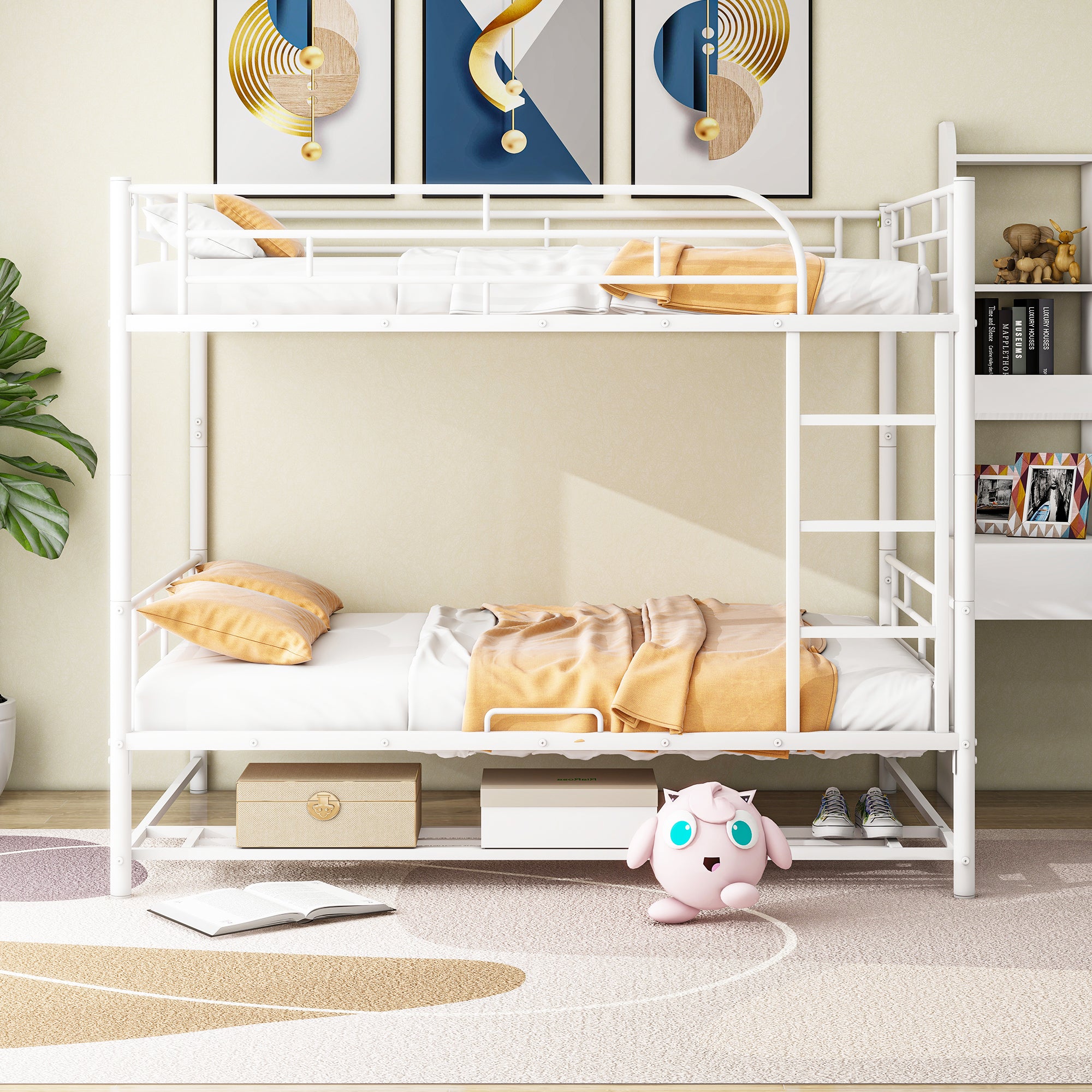 Full Over Full Metal Bunk Bed with Shelf and Guardrails, White - Atlantic Fine Furniture Melbourne FL