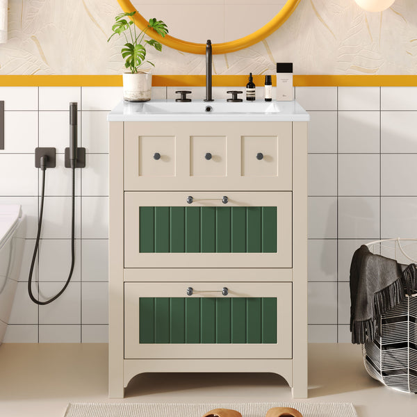 Bathroom Vanity With Ceramic Sink, Bathroom Vanity Cabinet With 2 Drawers, Wooden Bathroom Sink Cabinet - Beige / Green