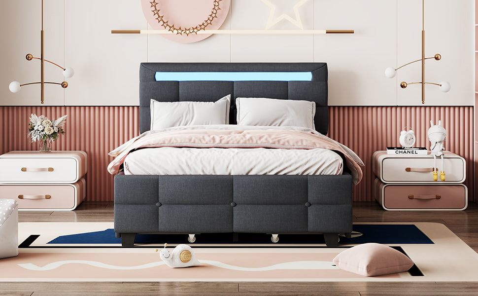 Full Size Upholstered Platform Bed with LED Frame and 4 Drawers, Linen Fabric, Gray - Atlantic Fine Furniture Melbourne FL