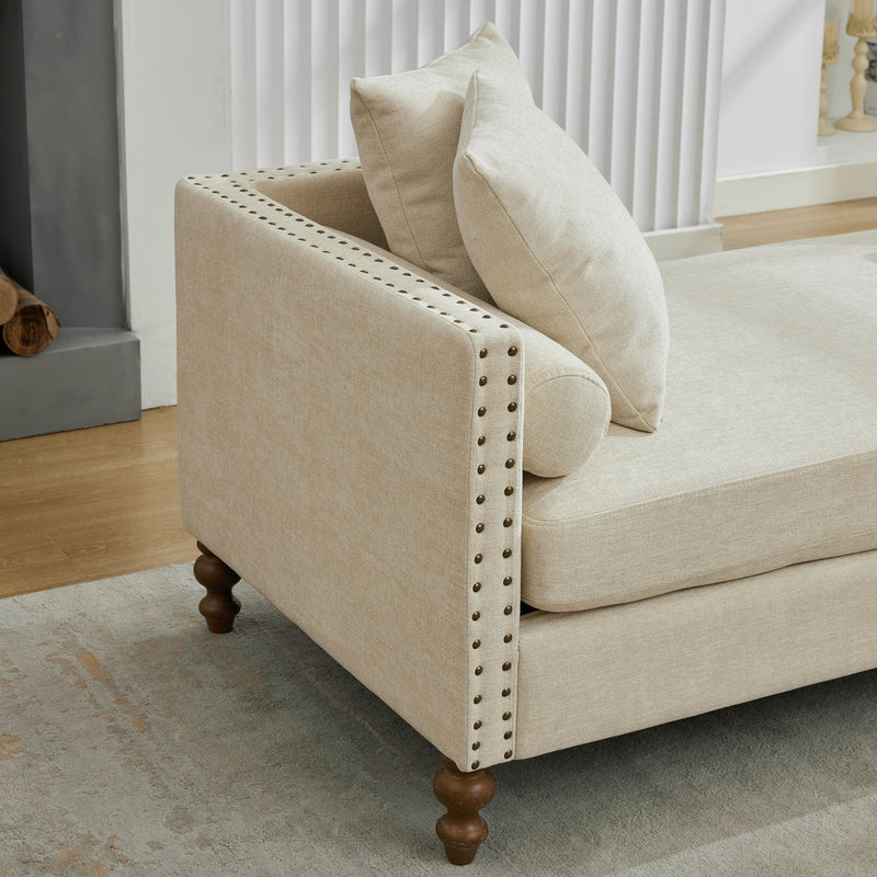 Upholstered Chaise Lounge Indoor With Nailheads, Sleeper Sofa Couch With 4 Throw Pillows & 2 Bolsters, Daybed With Rubberwood Legs