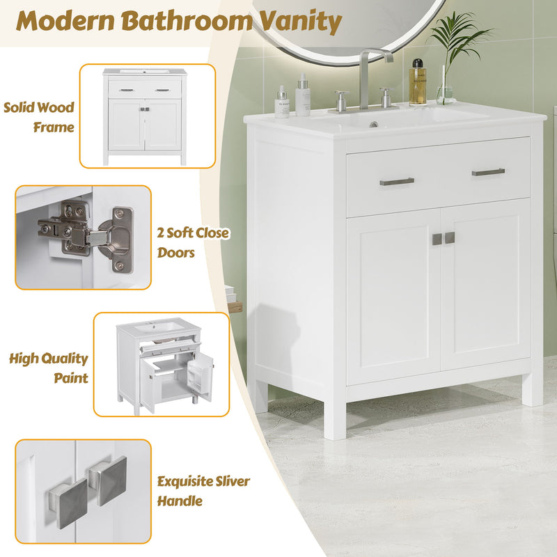 Bathroom Vanity With Ceramic Sink, Modern Single Bathroom Cabinet With 2 Doors And A Shelf, Soft Close Doors