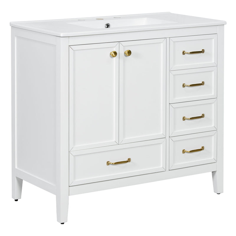 Elegant Vintage Bathroom Vanity With Sink And Soft Closing Door, 4 Drawers Of Different Sizes Frame
