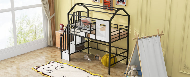 Metal Loft Bed with roof design and a storage box, Twin, Black