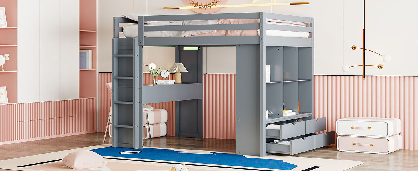 Full Size Loft Bed with large shelves, writing desk and LED Light, Gray - Atlantic Fine Furniture Melbourne FL