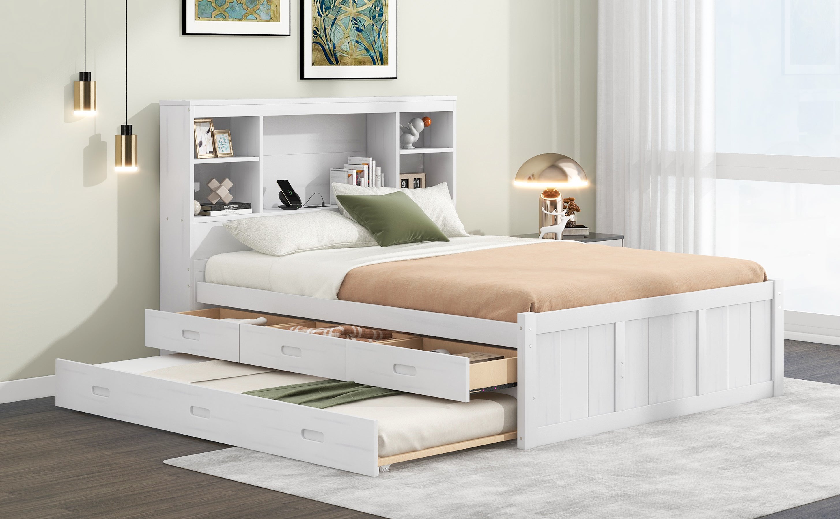 Full Size Platform Bed with Storage Headboard, Charging Station, Twin Size Trundle and 3 Drawers, Antique White - Atlantic Fine Furniture Melbourne FL