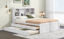 Full Size Platform Bed with Storage Headboard, Charging Station, Twin Size Trundle and 3 Drawers, Antique White