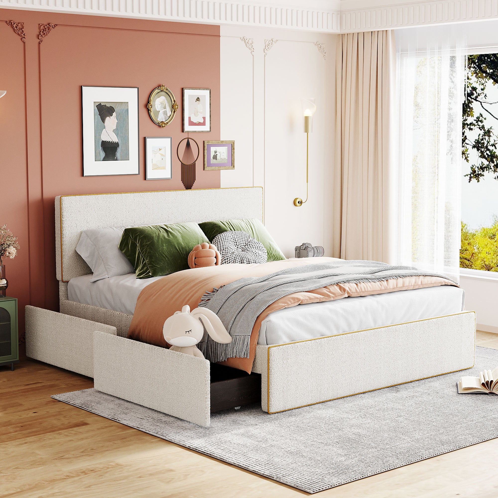 Queen Size Upholstered Platform Bed with 4 Drawers and Golden Edge on the Headboard & Footboard, White - Atlantic Fine Furniture Melbourne FL