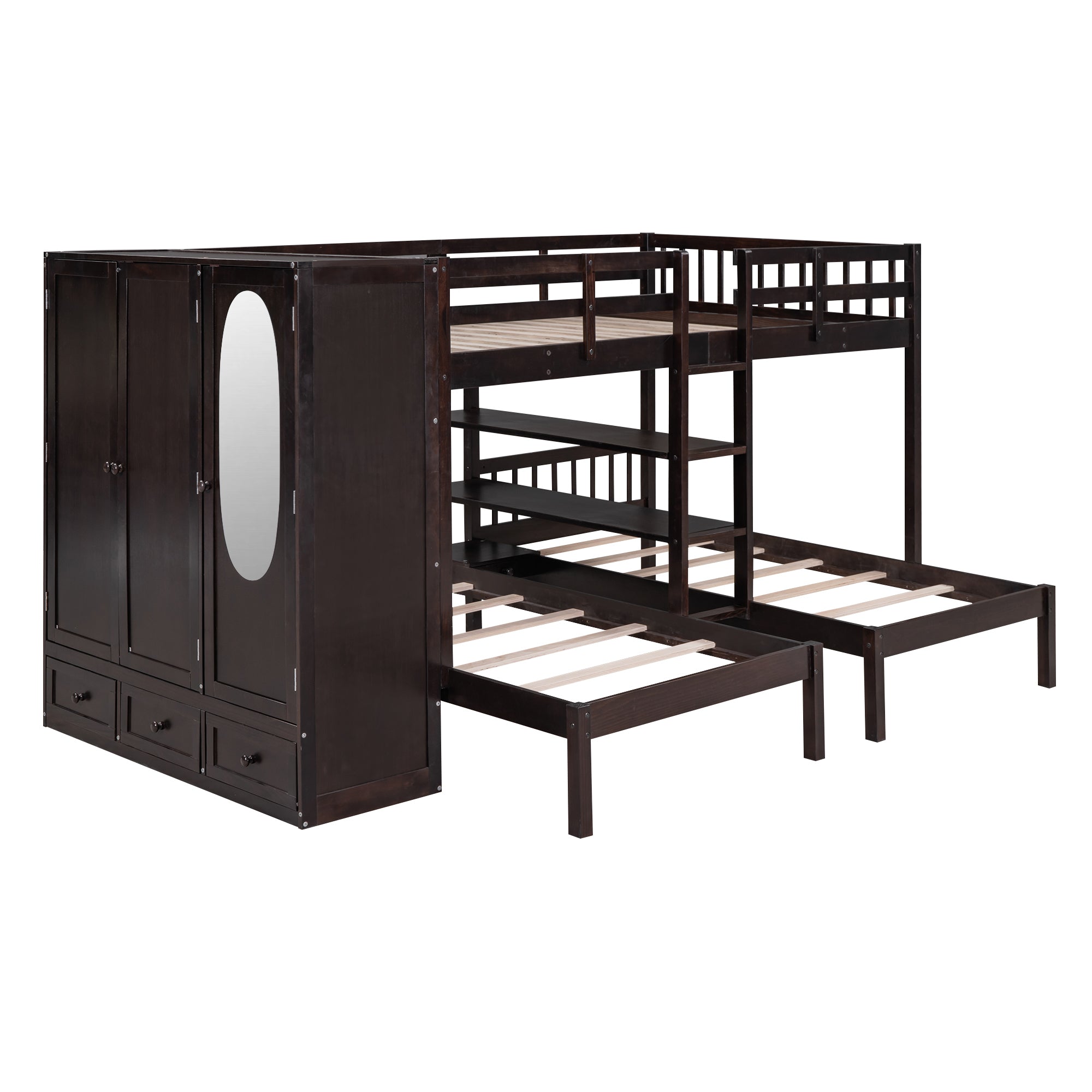 Full-Over-Twin-Twin Bunk Bed with Shelves, Wardrobe and Mirror, Espresso - Atlantic Fine Furniture Melbourne FL