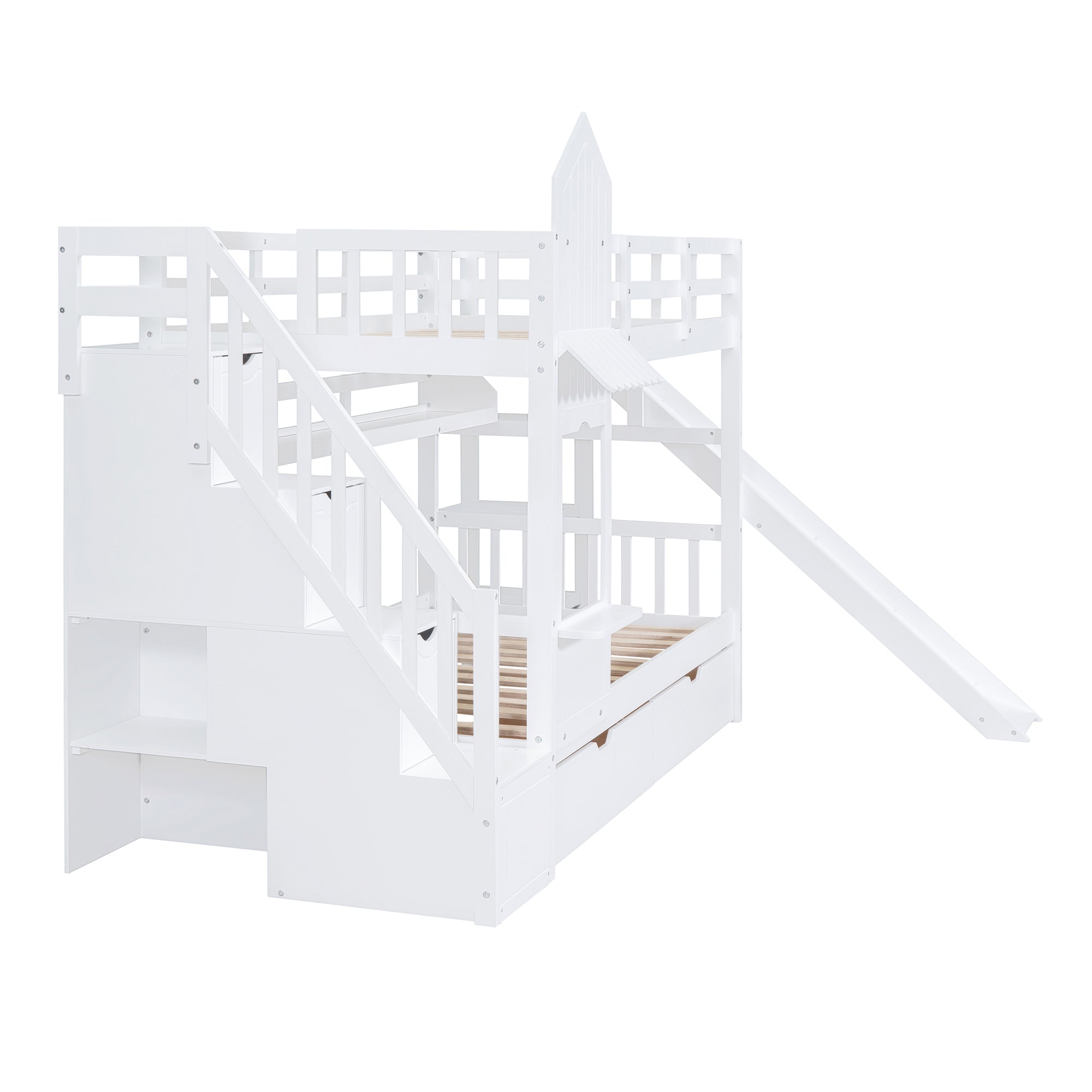 Twin-Over-Twin Castle Style Bunk Bed with 2 Drawers 3 Shelves and Slide - White - Atlantic Fine Furniture Melbourne FL