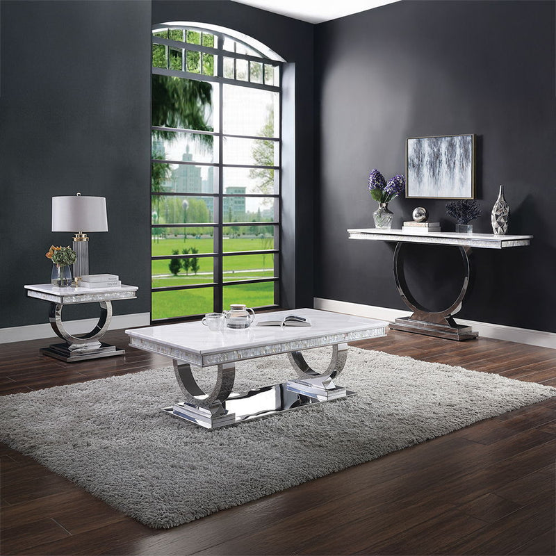 Zander - Sofa Table - White Printed Faux Marble Top & Mirrored Silver