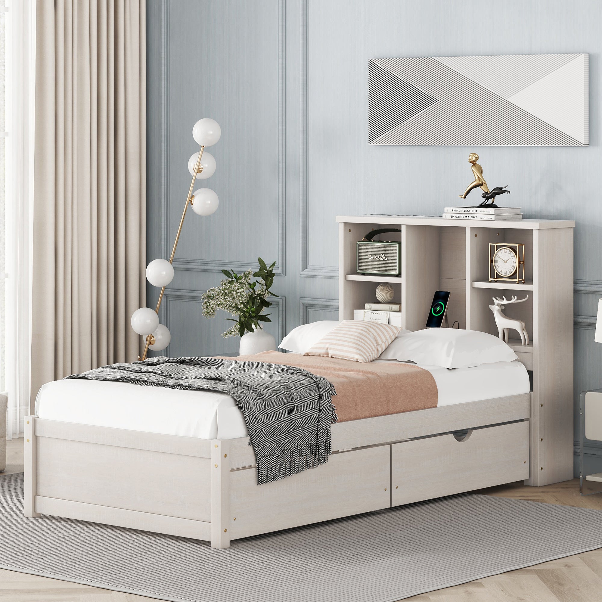 Modern Twin Size Bed Frame With Built-in USB Port on Bookcase Headboard and 2 Drawers for White Washed Color - Atlantic Fine Furniture Melbourne FL