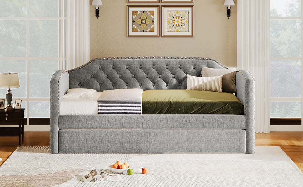 Twin Size Upholstered Daybed with Trundle for Guest Room, Small Bedroom, Study Room, Gray - Atlantic Fine Furniture Melbourne FL