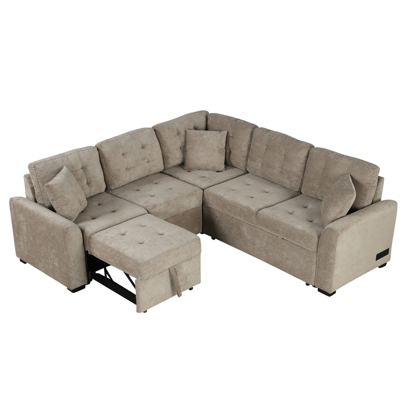 L-Shape Sofa Bed Pull-Out Sleeper Sofa With Wheels, USB Ports, Power Sockets For Living Room