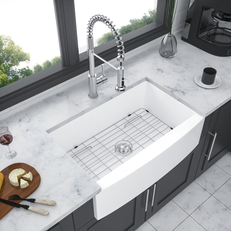 Elegant Farmhouse Sink 33" Ceramic Arch Edge Apron Front Single Bowl - White